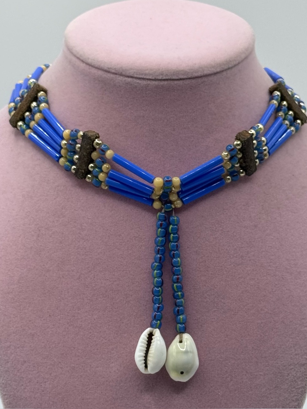 Native American Blue Beaded Shell Choker Necklace
